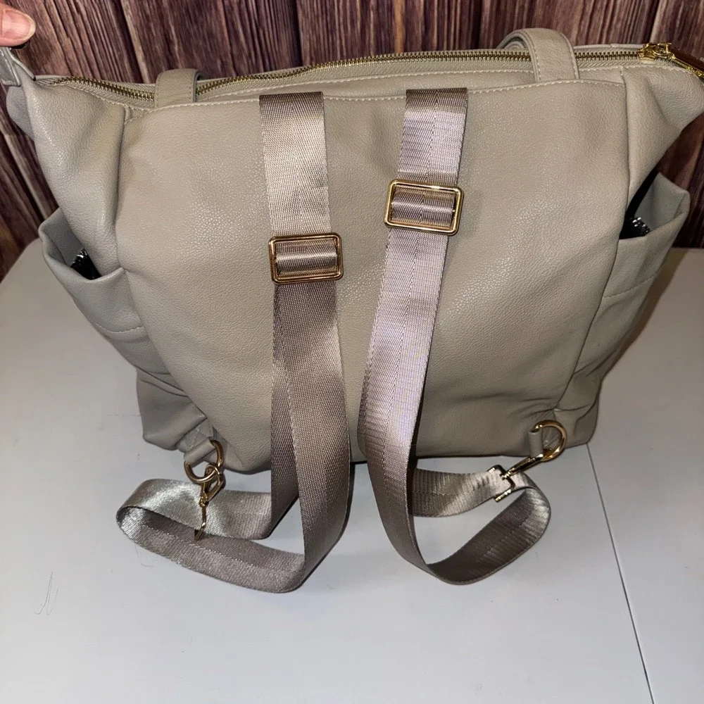 Miss Fong Diaper Bag Backpack Women OS Grey Vegan Leather Convertible Tote Gold
